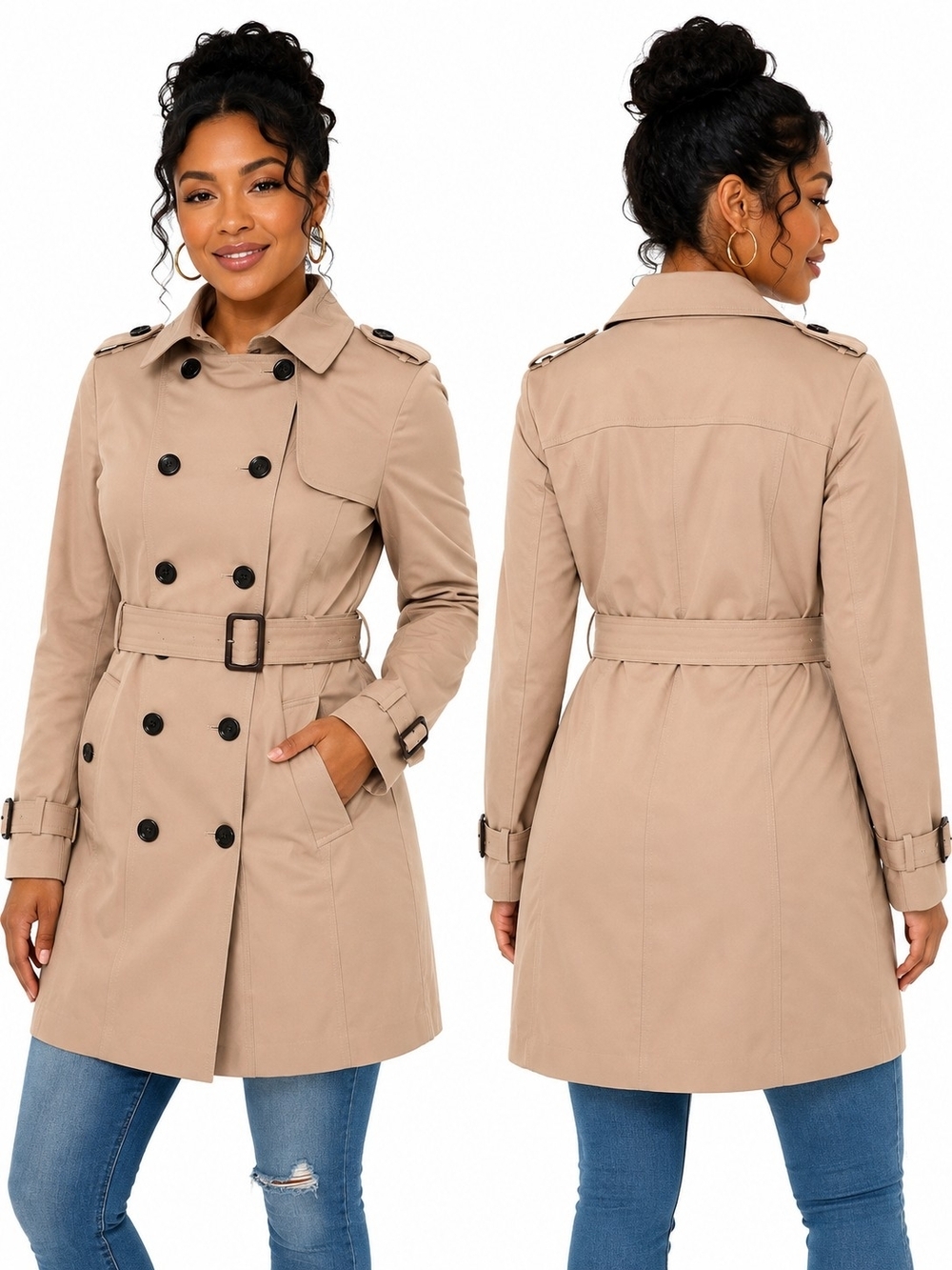 Classic Beige Double-Breasted Belted Trench Coat-Women